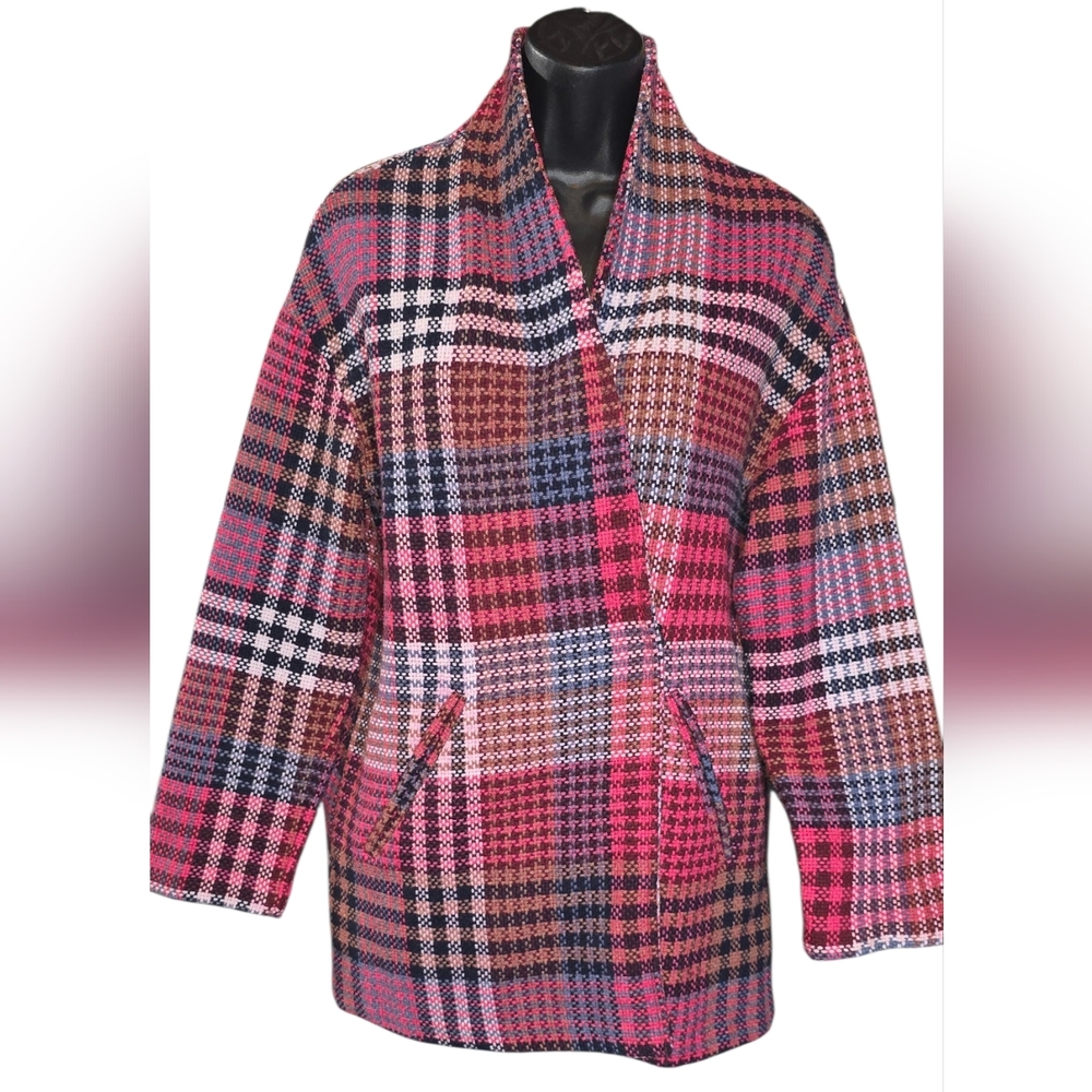 Rachel Zoe Plaid Tweed Wool Blend Coat Pink Check Longline Jacket Size S